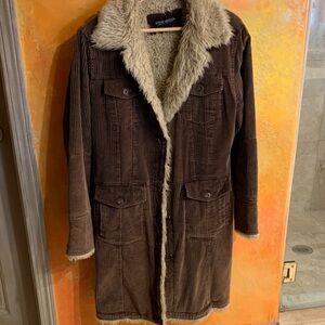 Steve Madden Dark Brown Corduroy Coat with Cream Faux Fur